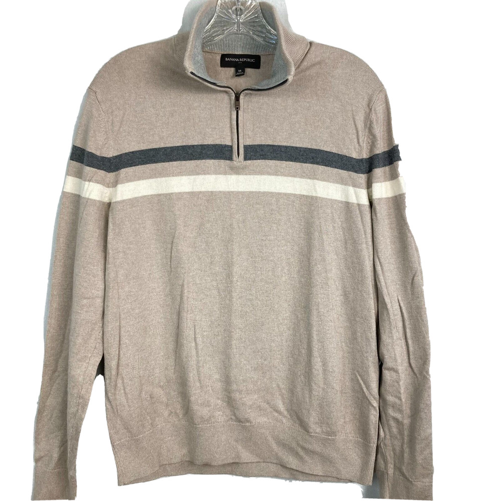 Banana Republic Sweater Mens Sz M Beige Blue Cashmere Silk Striped Zip Pullover
